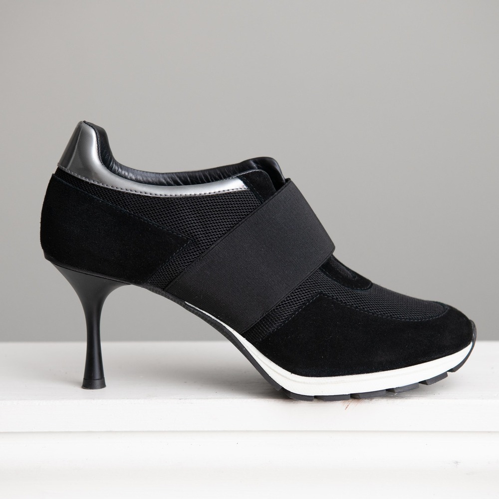 SNEEX Stiletto Sneaker Shoes Black Suede Mesh Edgy Avant Garde Sporty Chic Heels